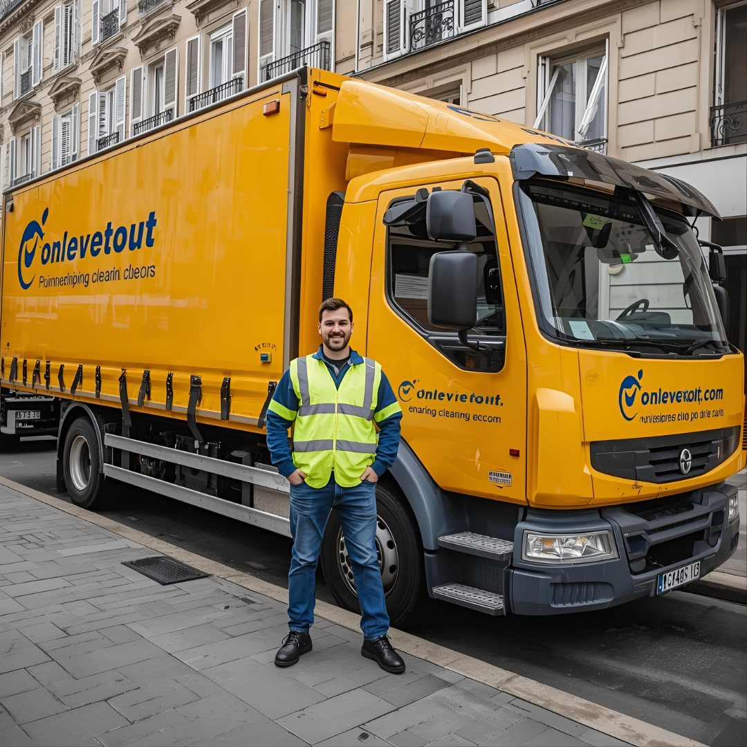 Camion de débarras ONLEVETOUT stationné à Paris - Service professionnel de vidage