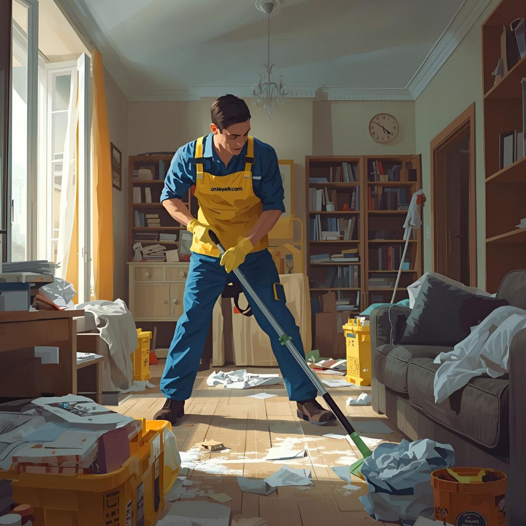 Notre équipe effectuant le balayage final après un débarras complet.