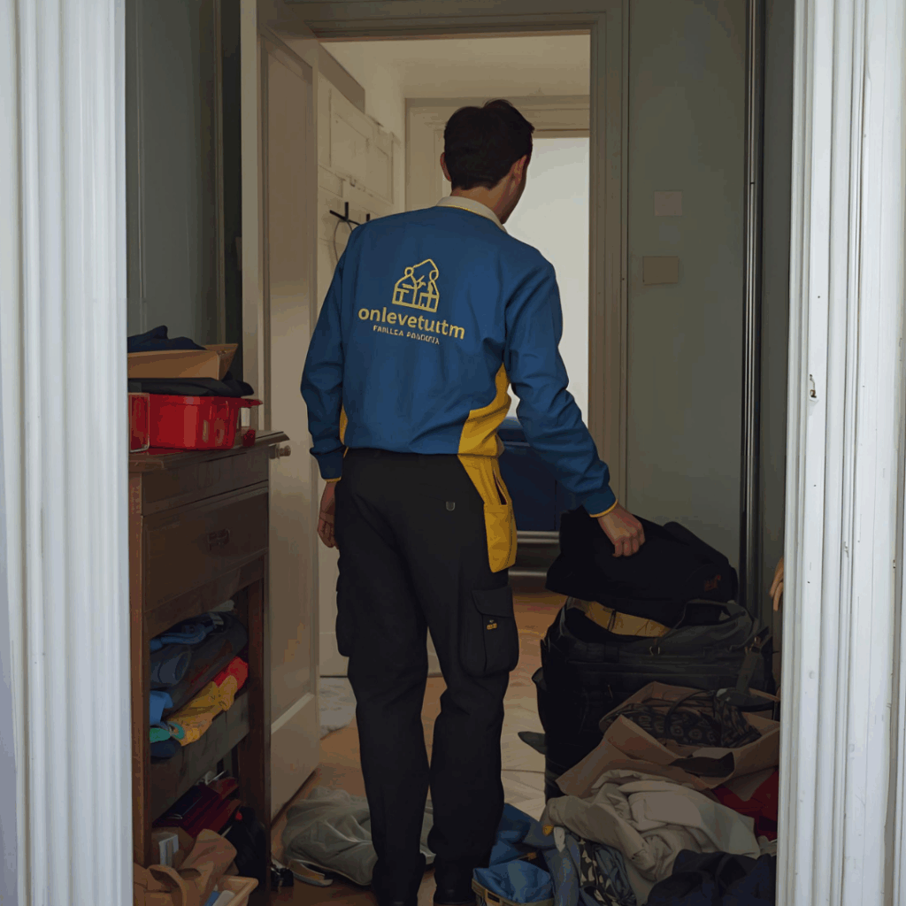 Protection des parties communes avec des bâches lors d'un débarras d'appartement à Paris.