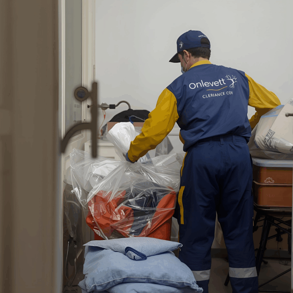 Notre équipe triant les objets lors d'un débarras selon les 3 filières : réemploi, recyclage et déchets.